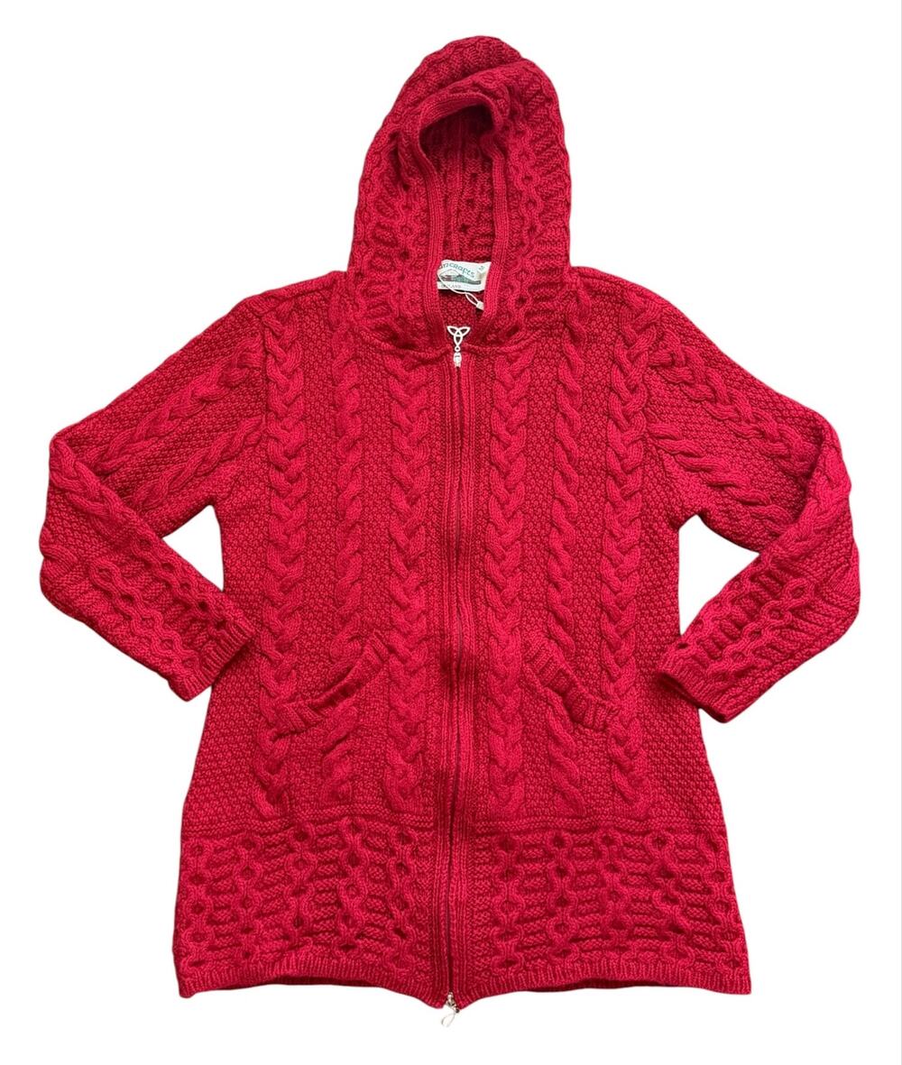 Aran Crafts 100% Merino Wool Cable Knit Sweater Jacket Red Women’s Medium NEW